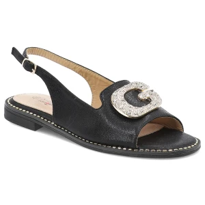 Czarne Sandały S.Barski Stylowe Obuwie Damskie Z Elegancką Broszką