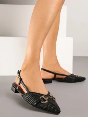 Czarne Sandały Slingback z Tweedowymi Zdobieniami i Metaliczną Aplikacją Annilena