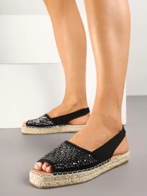 Czarne Sandały Typu Espadryle na Plecionej Podeszwie Zdobione Cyrkoniami Aneolena ideal