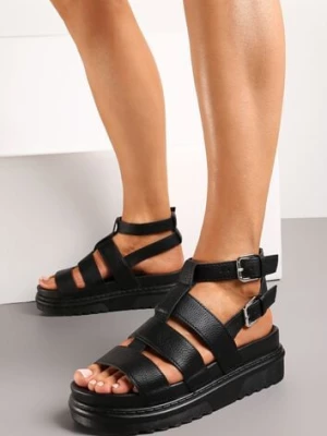 Czarne Sandały Typu Gladiatorki z Dwiema Sprzączkami i Platformą Nimexia