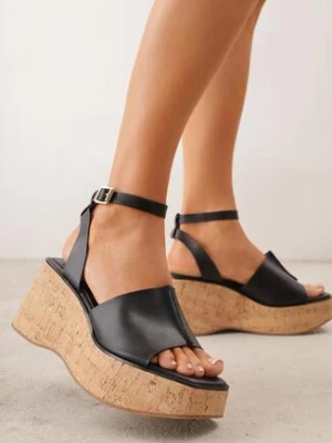 Czarne Sandały VICES na Koturnie z Imitacji Korka z Paskiem wokół Kostki Kelania