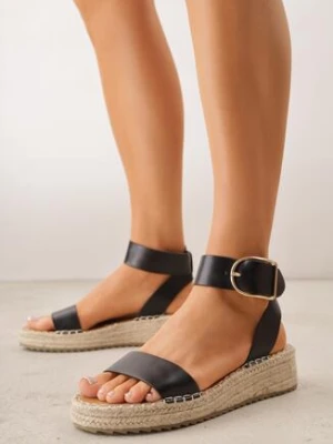 Czarne Sandały VICES na Niskim Koturnie z Plecionki z Paskiem Wokół Kostki Tetea