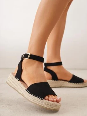 Czarne Sandały VICES z Imitacji Zamszu na Niskim Koturnie z Plecionki Miralyn