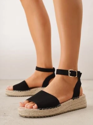 Czarne Sandały VICES z Imitacji Zamszu na Niskim Plecionym Koturnie Anameda