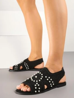 Czarne Sandały Vices z Plecionki Ozdobione Perłami Lilozi