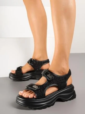 Czarne Sandały w Sportowym Stylu na Tłoczonej Podeszwie Zapinane na Rzep Nimirosa givana