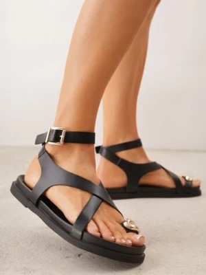 Czarne Sandały w Stylu Japonek VICES z Paskiem na Palec i Zdobieniem Lilvia