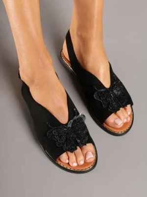 Czarne Sandały z Ekozamszu Zdobione Cyrkoniami i Aplikacją z Motylem Falevelith