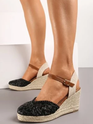 Czarne Sandały z Imitacji Skóry z Plecionki Zapinane na Sprzączkę na Koturnie Rioma