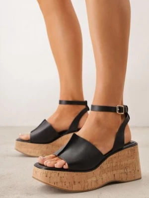 Czarne Sandały z Klamerką VICES na Koturnie Stylizowanym na Drewniany Lynnoris