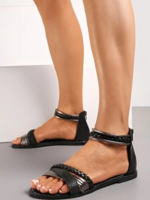Czarne Sandały z Metalicznymi i Plecionymi Paskami Zapinane na Suwak Awodema