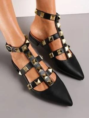 Czarne Sandały z Noskiem w Szpic Ozdobione Ćwiekami Viasara