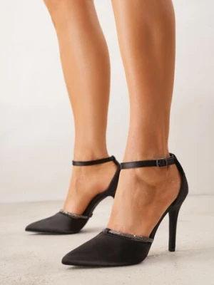 Czarne Satynowe Szpilki Vices z Wkładką ze Skóry Naturalnej i Ozdobnym Cyrkoniowym Paskiem Lizzeth