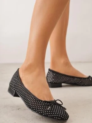 Czarne Siateczkowe Balerinki ze Skórzaną Wkładką Cyrkoniami i Kokardą Ravalana goodin
