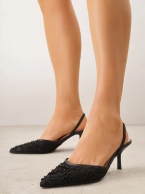 Czarne Siateczkowe Czółenka na Szpilce z Haftami i Perełkami Branira pallika paris