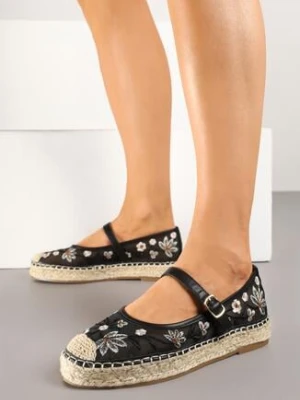 Czarne Siateczkowe Espadryle na Plecionej Podeszwie z Paskiem z Klamrą i Haftem Vilritia marquiiz