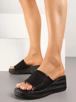 Czarne Siateczkowe Klapki na Koturnie ze Skórzaną Wkładką i Plecionką Ciarivienne goodin
