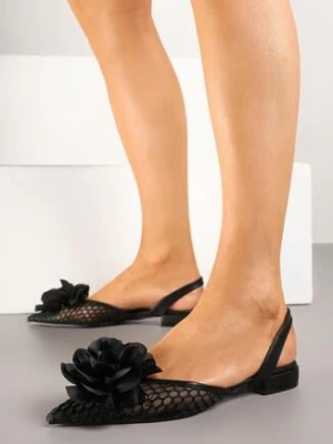 Czarne Siateczkowe Sandały Vices Bez Pięty z Kwiatem 3D Liliaya