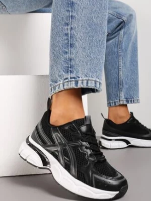 Czarne Siateczkowe Sneakersy na Grubej Podeszwie z Ozdobnymi Paskami Axantise