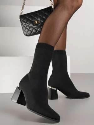 Czarne Skarpetkowe Botki VICES na Słupkowym Obcasie z Metaliczną Wstawką Anivita