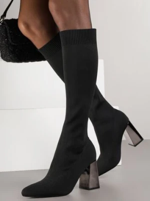 Czarne Skarpetkowe Kozaki VICES do Kolana na Metalicznym Słupku Rafenna