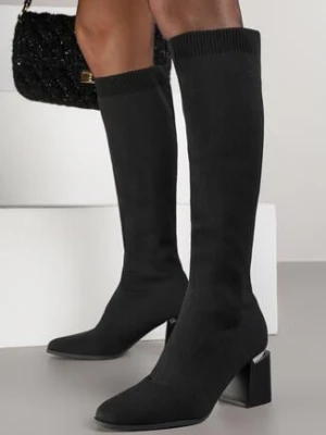 Czarne Skarpetkowe Kozaki VICES na Słupku z Metaliczną Aplikacją Rakaria