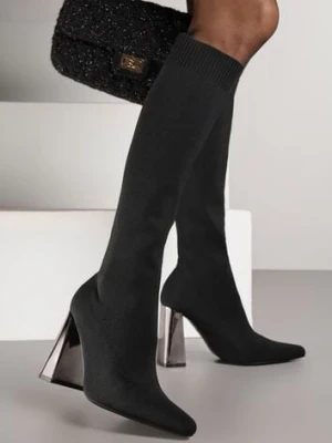 Czarne Skarpetkowe Kozaki Vices na Słupku z Metalicznym Połyskiem Tuvitte