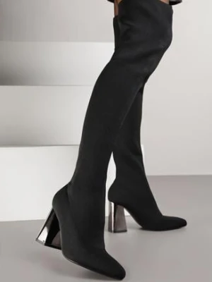 Czarne Skarpetkowe Kozaki Vices za Kolano na Słupkowym Metalicznym Obcasie Nelisela