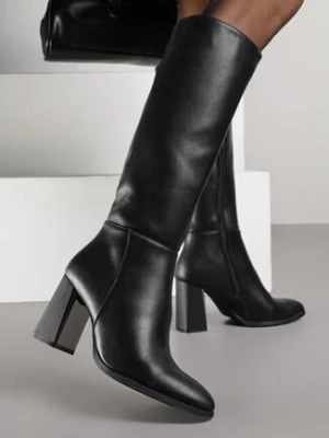 Czarne Skórzane Kozaki VICES do Kolana na Słupku z Metaliczną Wstawką Zenalia