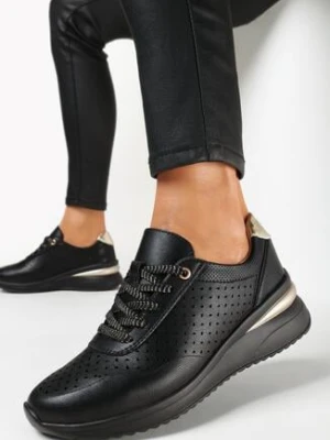 Czarne Skórzane Sneakersy z Perforacją i Metalicznymi Wstawkami Rendia
