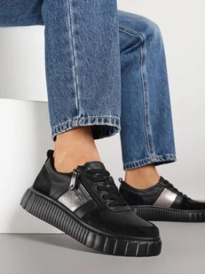 Czarne Skórzane Sneakersy Zdobione Metaliczną Wstawką Cerelie santorio