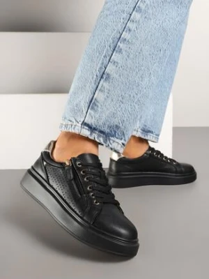 Czarne Skórzane Sneakersy ze Skórzaną Wkładką i Perforacją Koloris