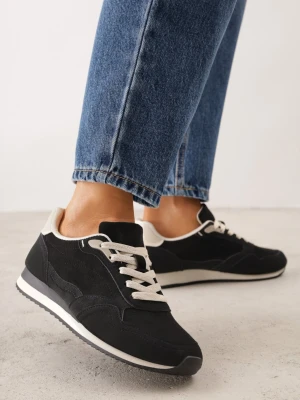 Czarne Sneakersy Basic z Imitacji Zamszu Ozdobione Przeszyciami Nethe Marquiiz