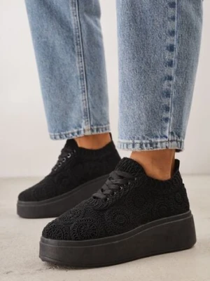 Czarne Sneakersy Boho na Platformie Zdobione Plecionym Wzorem Abilama c'm paris