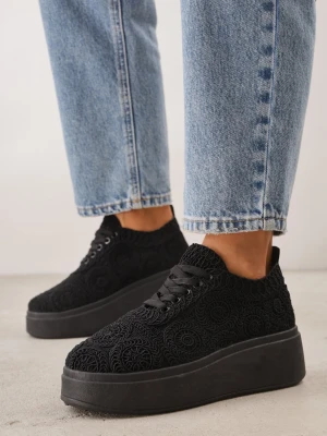 Czarne Sneakersy Boho na Platformie Zdobione Plecionym Wzorem Abilama C'M Paris