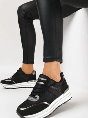 Czarne Sneakersy na Grubej Ozdobnej Podeszwie z Brokatem Tarseli