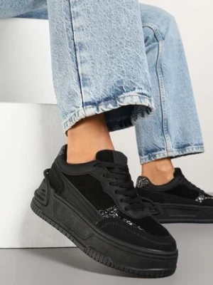 Czarne Sneakersy na Grubej Platformie z Tłoczeniem Ozdobione Wzorem w Panterkę Deolithra mulanka