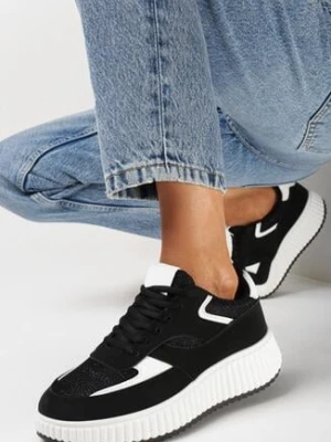 Czarne Sneakersy na Grubej Podeszwie Ozdobione Brokatem Evllina