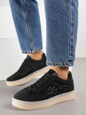 Czarne Sneakersy na Grubej Podeszwie Ozdobione Cyrkoniami Orinrya marquiiz