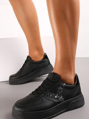 Czarne Sneakersy na Grubej Podeszwie przed Kostkę z Brokatowymi Wstawkami Dyla