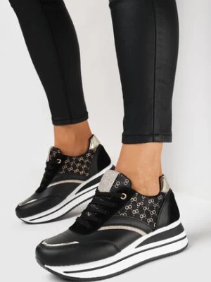 Czarne Sneakersy na Grubej Podeszwie z Brokatem Erenie