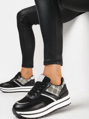 Czarne Sneakersy na Grubej Podeszwie z Brokatem i Materiałowymi Wstawkami Dinrila