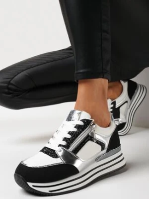 Czarne Sneakersy na Grubej Podeszwie z Brokatem i Metalicznymi Wstawkami Aeliss