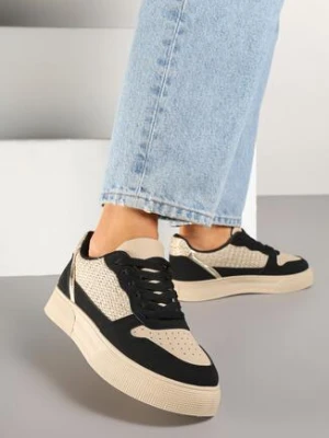 Beżowo-Czarne Sneakersy na Grubej Podeszwie z Brokatem Perforacją i Plecionką Mirreina