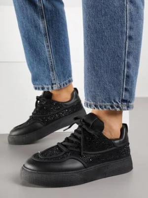 Czarne Sneakersy na Grubej Podeszwie z Cyrkoniami Catith marquiiz
