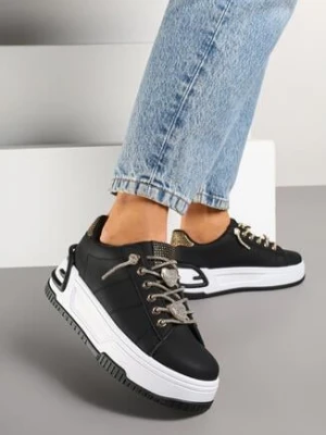 Czarne Sneakersy na Grubej Podeszwie z Cyrkoniami Deoliae