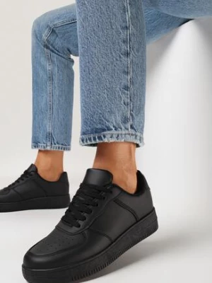 Czarne Sneakersy na Grubej Podeszwie z Ekoskóry z Przeszyciami Geriada