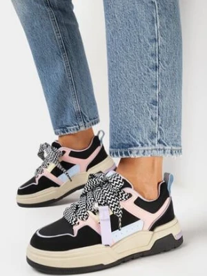 Czarne Sneakersy na Grubej Podeszwie z Ekoskóry ze Sznurowaniem Rositi