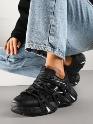 Czarne Sneakersy na Grubej Podeszwie z Geometrycznym Wzorem i Cyrkoniami Lavinoria