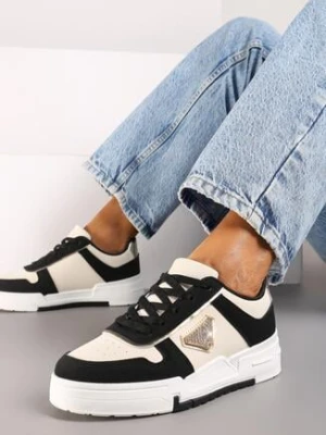 Czarne Sneakersy na Grubej Podeszwie z Geometrycznym Zdobieniem i Cyrkoniami Rexilora